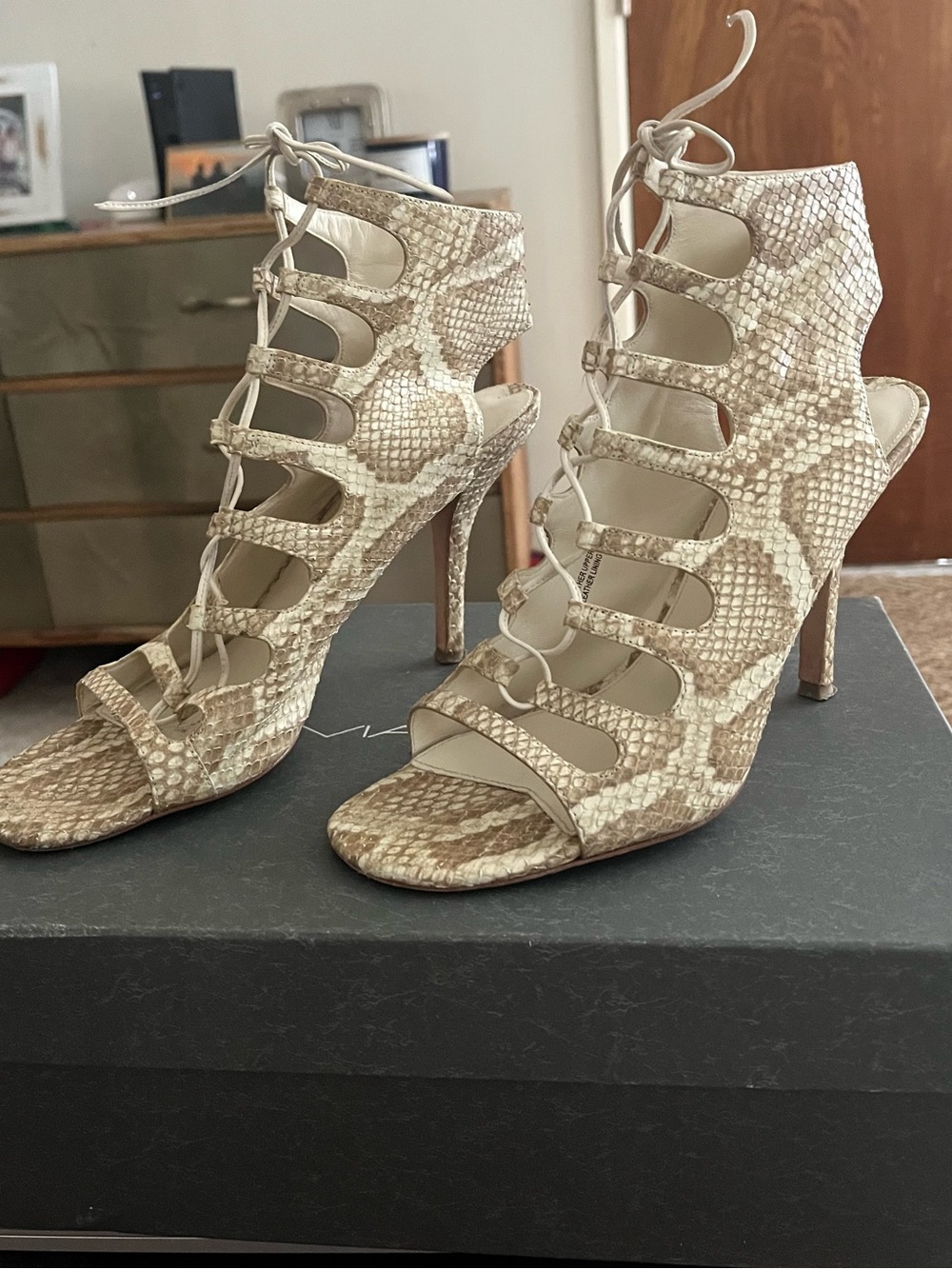 Via Spiga Genuine Leather Lace-Up Snake Print High Heel Sandals